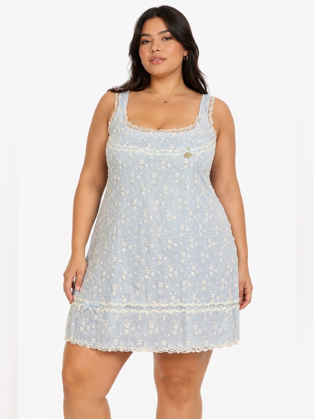NWT 60s/70s European Vintage Pompadour Floral Lace Slip Dress Baby Blue/White L